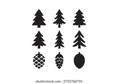 Black silhouettes of various pine trees and pinecones arranged in a simple, graphic collection.