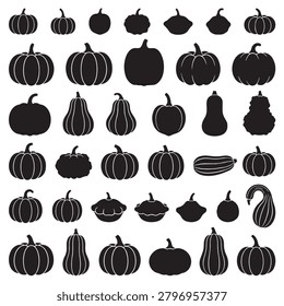 Black silhouettes of various pumpkins and squashes, isolated on white background