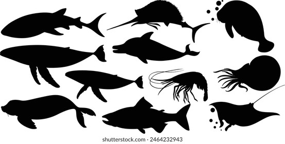 Black silhouettes of various sea creatures