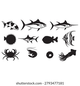 Black silhouettes of various sea creatures on white background