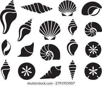 Black silhouettes of various seashell outlines arranged in sets, minimal marine illustration featuring shell shapes on a clean background. Black icons silhouette vector
