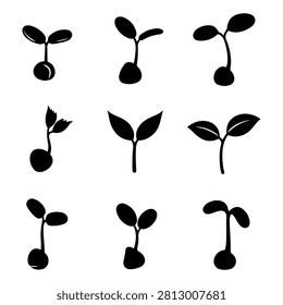 Black silhouettes of various seedling growth stages illustrating plant development from sprout to mature plant.