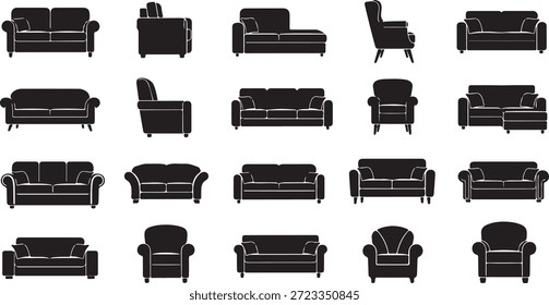 Silhuetas pretas de vários sofás e poltronas móveis