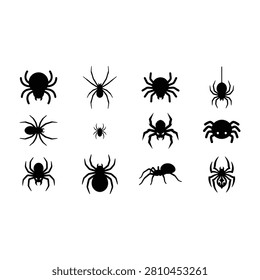 Black silhouettes of various spiders on white background no people