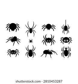Black silhouettes of various spiders on white background creepy crawlies icons