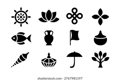 Black silhouettes of various symbolic objects and nature elements on white background
