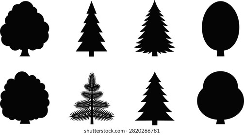 Black silhouettes of various tree types including pine and conifer isolated on white background black tree silhouette