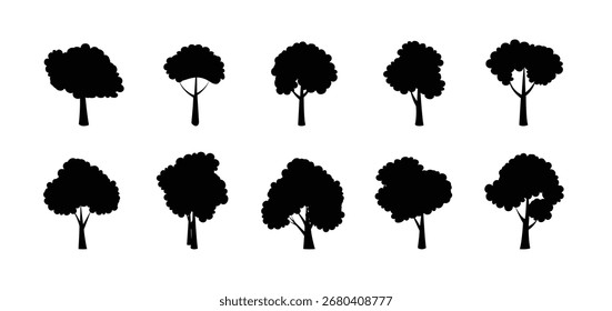 Siluetas negras de varios árboles, diferentes siluetas de árboles de bosque caducifolio, Ilustración vectorial.
