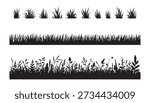 Black silhouettes of various types of grass borders and clumps set, natural meadow design elements