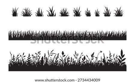 Black silhouettes of various types of grass borders and clumps set, natural meadow design elements