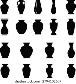 Black silhouettes of various vases, wide array of decorative pottery shapes, vector illustration, elegant containers.