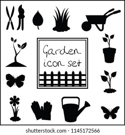 Black silhouettes of vector gardening icon set isolated on white background. Illustrations, icons, signs, templates for design.