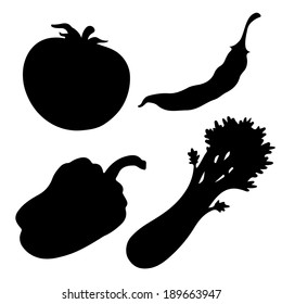 Black silhouettes vegetables set  isolated on a white background. Tomato. Bell pepper. Red chili pepper. Celery. Icons. Abstract design logo. Logotype art - vector