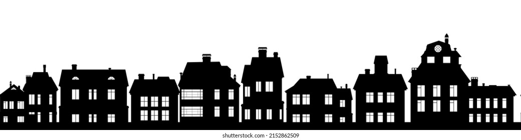 Black Silhouettes of village houses with windows. Horizontal seamless composition. Small city houses residential quarters. Cityscape with buildings. Isolated on white background. Housing Vector