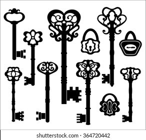 Black Silhouettes Vintage Keys Decorated Floral Stock Vector (Royalty ...