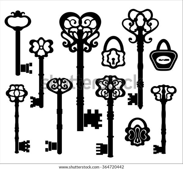 Black Silhouettes Vintage Keys Decorated Floral Stock Vector (Royalty ...