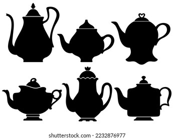 Black silhouettes of vintage teapots for tea and coffee of different shapes for the design of showcases, menus, packaging and stickers.