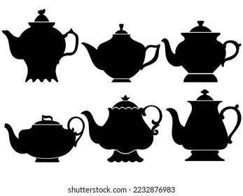 Black silhouettes of vintage teapots for tea and coffee of different shapes for the design of showcases, menus, packaging and stickers.