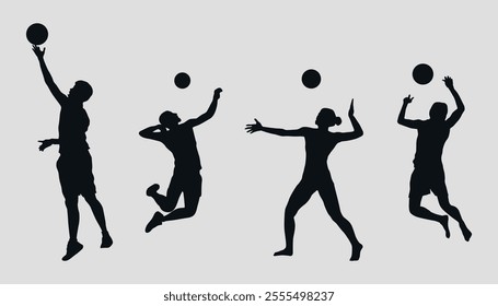 Black silhouettes of volleyball players. Vector on gray background