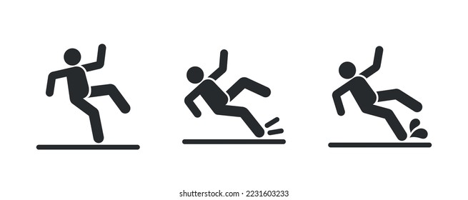 Black Silhouettes Warning, Caution Symbols With Stick Man Figure Falling Down due to Wet Floor or Stumble, Safety Precaution Signs Isolated On White Background. Vector Illustration