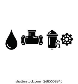 Siluetas negras de una gota de agua, tubería, filtro de agua y equipo sobre un fondo blanco, que simbolizan los sistemas de agua y los procesos mecánicos.