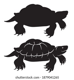 Black silhouettes of a waterfowl red-eared turtle. Vector illustration for use as a reference image, as a design element. One silhouette is solid, without details, and the other is detailed.