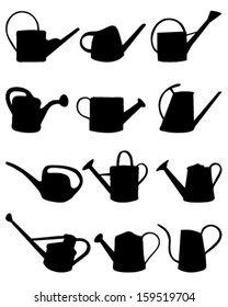 Black silhouettes of watering cans on white background, vector 