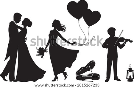Black silhouettes of a wedding couple, a bride with heart balloons, and a violinist for romantic event designs.