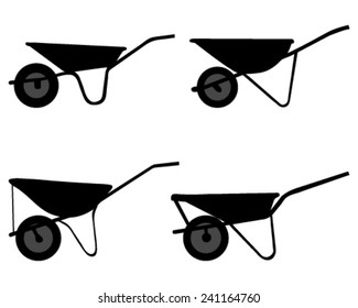 Black silhouettes of wheelbarrow, vector 