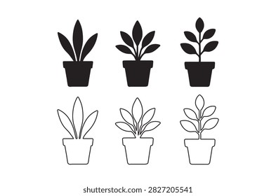Black silhouettes and white line art depictions of potted plants are shown against a white background.