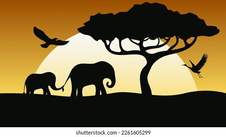 black silhouettes of wild animals and tree at sunset