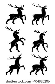 Black silhouettes of wild forest bull elks or deers with large branching antlers posing during rut. Wildlife mascot, hunting symbol or t-shirt print design usage