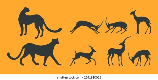 Black silhouettes of wild savannah animals vector illustrations set. Cartoon drawings of silhouettes of wildcats and antelopes isolated on orange background. Wildlife, nature, savanna, fauna concept