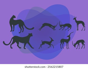 Black silhouettes of wild savannah animals vector illustrations set. Cartoon drawings of silhouettes of wildcats and antelopes on abstract background. Wildlife, nature, savanna, fauna concept