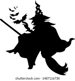  black silhouettes of witch and bats on a white background. vector