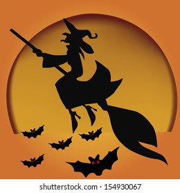 black silhouettes of a witch flying in a broom with some bats in a yellow moon