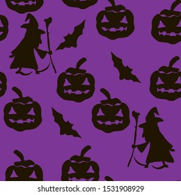 Black silhouettes of witches, pumpkins and bats on a deep purple background. Halloween seamless vector pattern for your design.