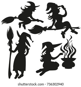 Black silhouettes of witches set. Mystical illustration. Flying on a broomstick scary Silhouette for the Halloween. Vector outline of a witch