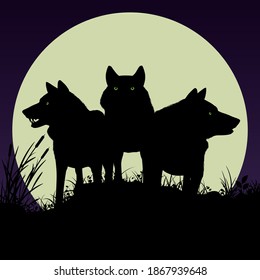 Black silhouettes of wolves on the background of the moon. Vector illustration.