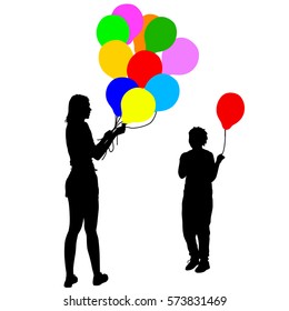 Black silhouettes of woman gives child a balloon on white background. Vector illustration