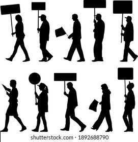 Black silhouettes of woman and man with flag and banner on white background.