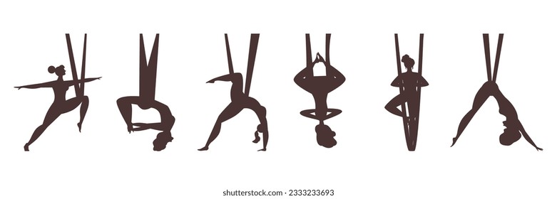 Black silhouettes of women doing aerial yoga or gymnastic in cocoons, vector illustration isolated on white background. Aerial gymnastic or yoga female black silhouettes.