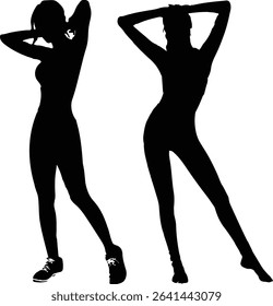 black silhouettes of women in dynamic poses, suggesting dance, fitness