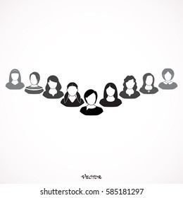 black silhouettes women. Flat illustration of women community with group of girls and women. Feminist concept. 