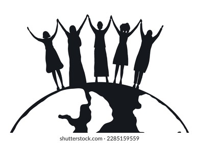 Siluetas negras de mujeres. Concepto del Día Internacional de la Mujer. Mujeres tomándose de la mano, paradas en el fondo del mundo. La comunidad de mujeres. Solidaridad femenina. Silhouettes de diferentes mujeres. Vector 