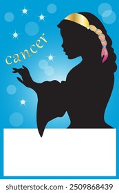 Black silhouettes of women with symbols representing the zodiac sign of Cancer