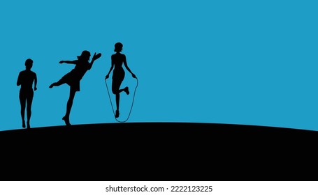 Black silhouettes of women in various exercise poses on blue background. Vector illustration.