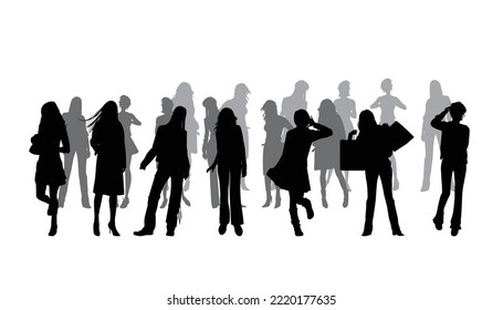 Black silhouettes of women in various poses. Vector illustration.