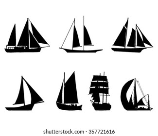 Black silhouettes of yachts and sailboat, vector