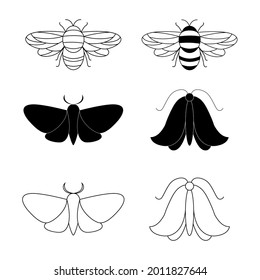 Black silhouettesand contours of moths and bees. Vector illustration in linocut style. 
